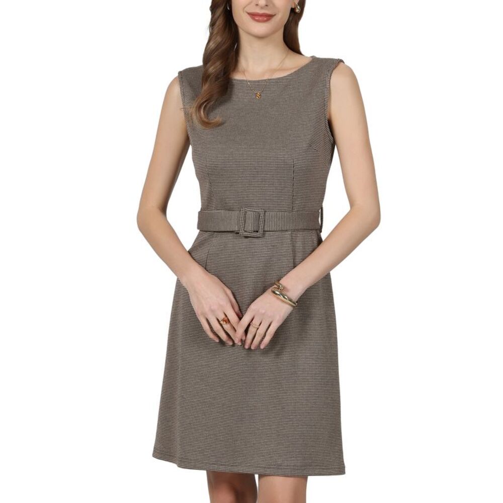 Women Plaid Houndstooth Boat Neck Belted Sleeveless A-Line Dress Brown